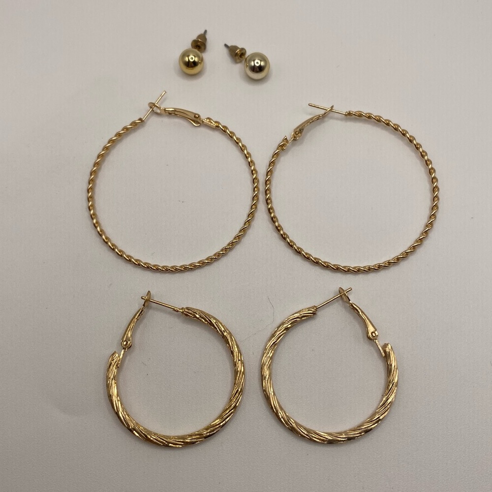 3 Sets Of Earrings. Gold Hoop And Studs. Costume Jewelry